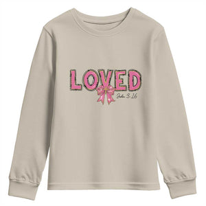 Loved John 3:16 Youth Sweatshirt Christian Religious God Bible Verses Valentine's Day Pink Bow TS11 Sand Print Your Wear