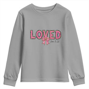 Loved John 3:16 Youth Sweatshirt Christian Religious God Bible Verses Valentine's Day Pink Bow TS11 Sport Gray Print Your Wear