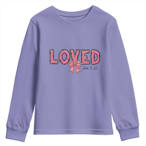 Loved John 3:16 Youth Sweatshirt Christian Religious God Bible Verses Valentine's Day Pink Bow TS11 Violet Print Your Wear