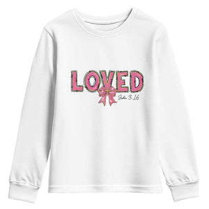 Loved John 3:16 Youth Sweatshirt Christian Religious God Bible Verses Valentine's Day Pink Bow TS11 White Print Your Wear