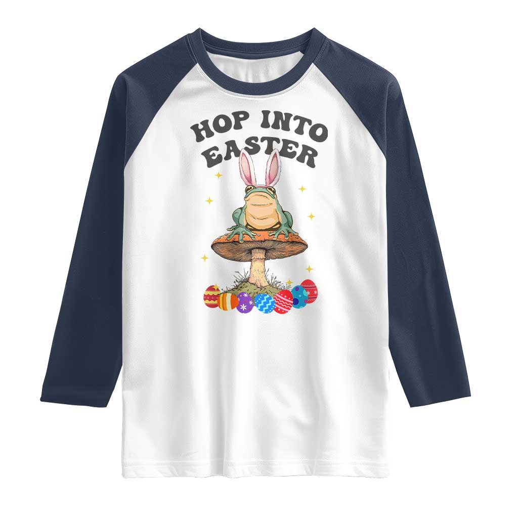 Funny Hop Into Easter Raglan Shirt Easter Day Frog Bunny Egg TS11 White Navy Print Your Wear