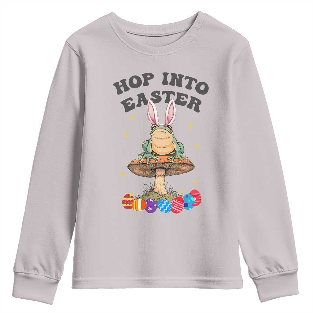 Funny Hop Into Easter Youth Sweatshirt Easter Day Frog Bunny Egg TS11 Ice Gray Print Your Wear