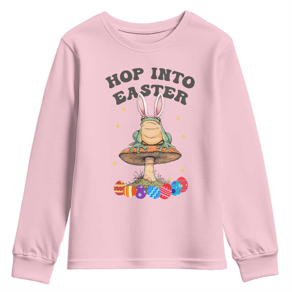 Funny Hop Into Easter Youth Sweatshirt Easter Day Frog Bunny Egg TS11 Light Pink Print Your Wear