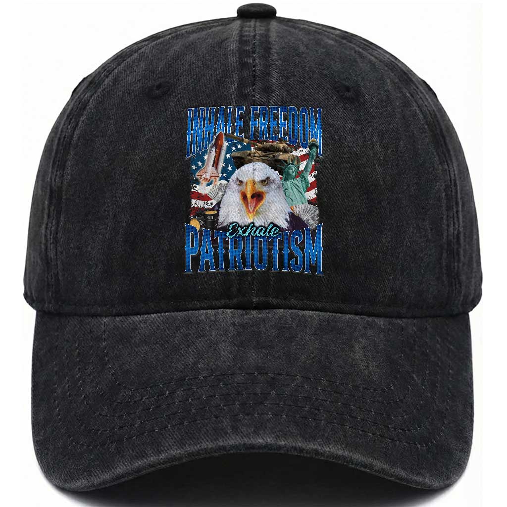 Funny Inhale Freedom Exhale Patriotism Washed Cotton Baseball Cap American Pride Eagle 4th Of July TS11 Washed Cap Universal Fit Black Print Your Wear