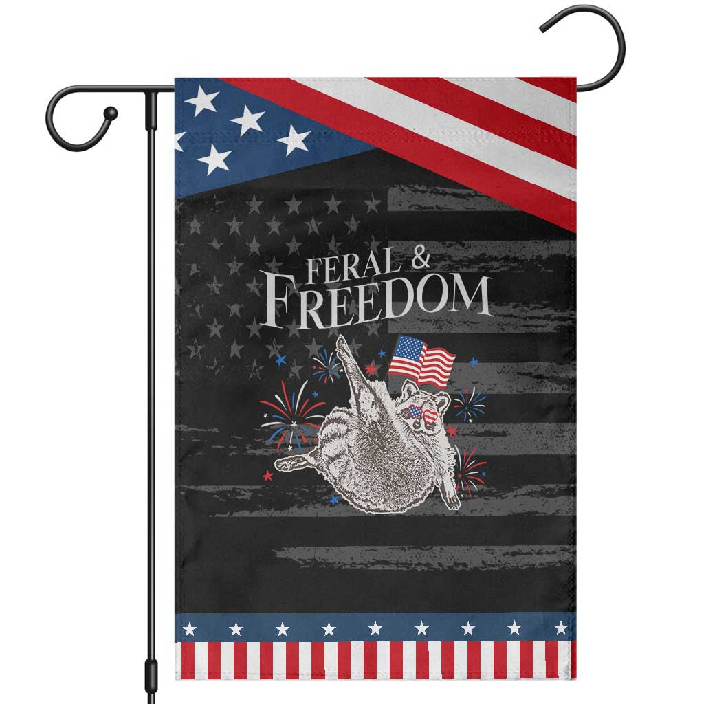 Funny Feral And Free Garden Flag 4th of July Patriotic Raccoon With American Flag TS11 Distressed Black Blue Print Your Wear