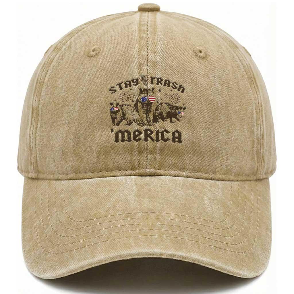 Funny Stay Trash Merica Washed Cotton Baseball Cap 4th Of July Racoon Opossum Badger TS11 Washed Cap Universal Fit Khaki Print Your Wear