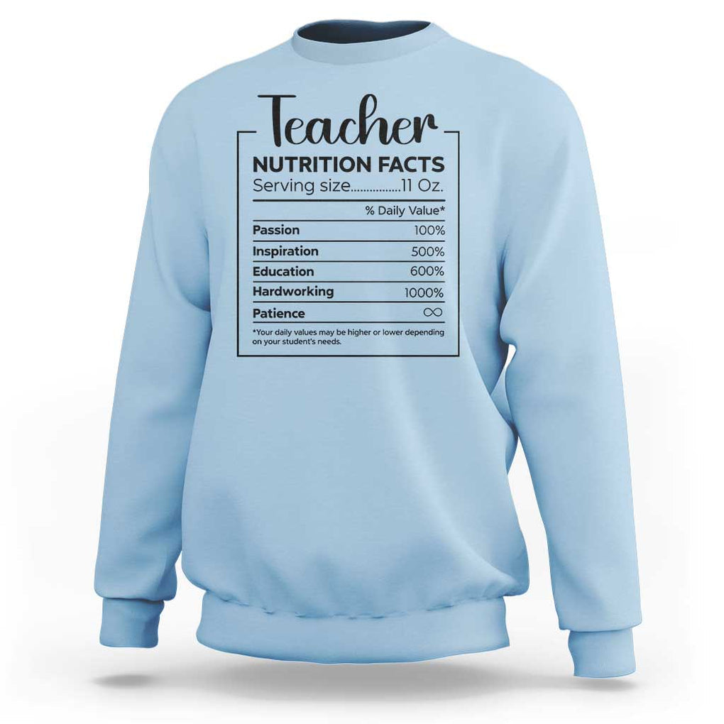 Funny Teacher Sweatshirt Nutrition Facts Back To School TS11 Light Blue Print Your Wear