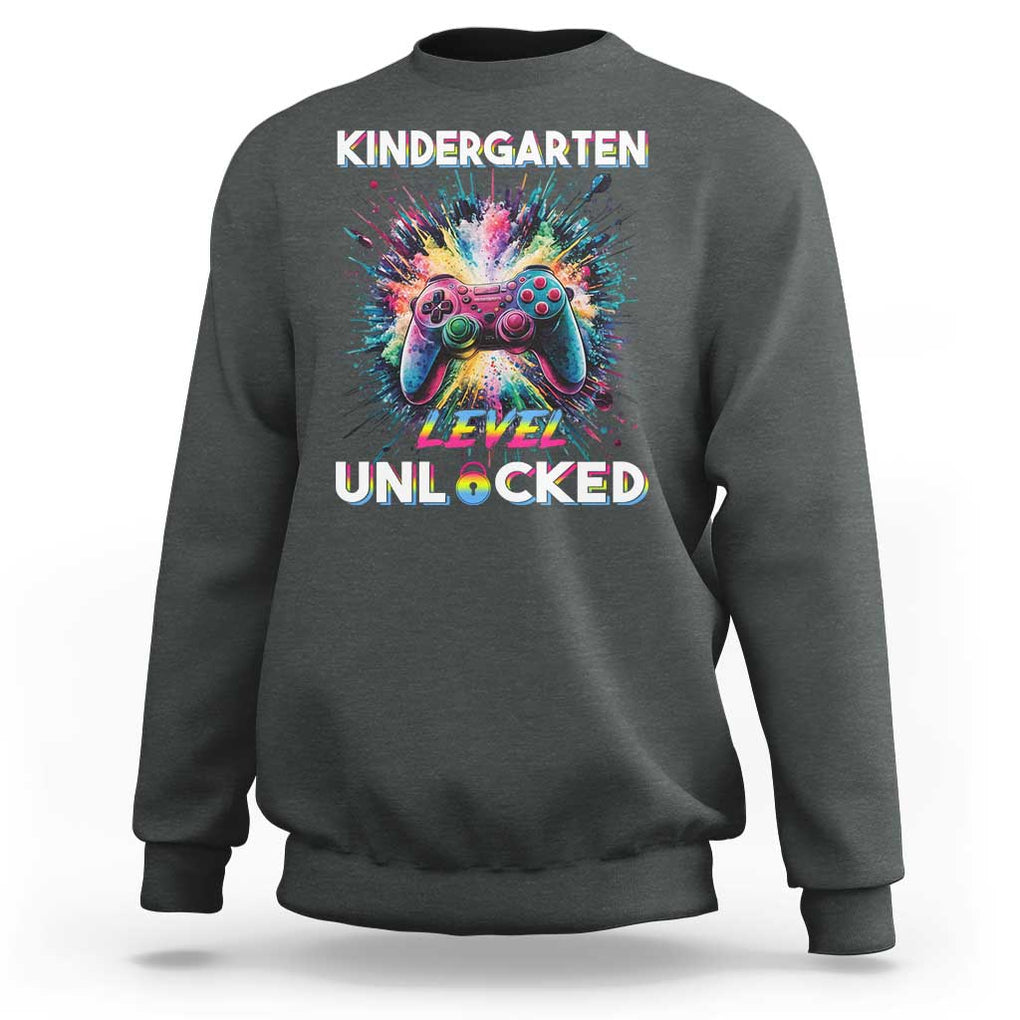 Kindergarten Level Unlocked Sweatshirt Back To School Game Console TS11 Dark Heather Print Your Wear
