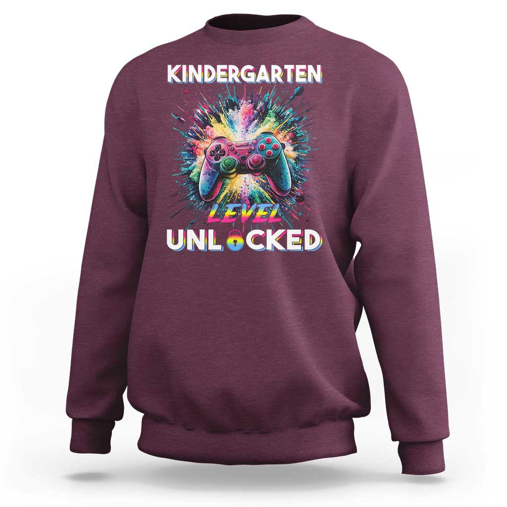 Kindergarten Level Unlocked Sweatshirt Back To School Game Console TS11 Maroon Print Your Wear