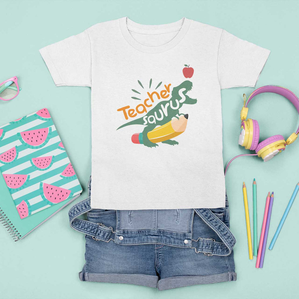 Teacher Saurus T Shirt For Kid Back To School Dinosaur Pencil TS11 White Print Your Wear