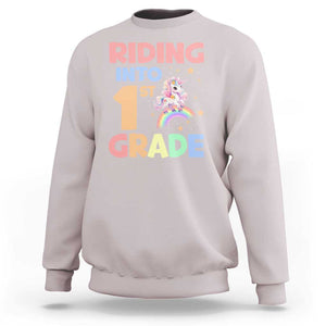 Back To School Unicorn Sweatshirt Riding Into 1st Grade Rainbow Star TS11 Ice Gray Print Your Wear