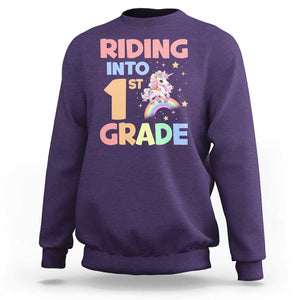 Back To School Unicorn Sweatshirt Riding Into 1st Grade Rainbow Star TS11 Purple Print Your Wear