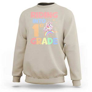 Back To School Unicorn Sweatshirt Riding Into 1st Grade Rainbow Star TS11 Sand Print Your Wear