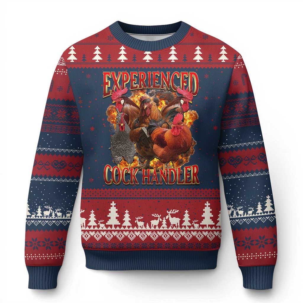 Funny Experienced Cock Handler Ugly Christmas Sweater Inappropriate Adult Humor Chicken TS11 Navy Red Print Your Wear