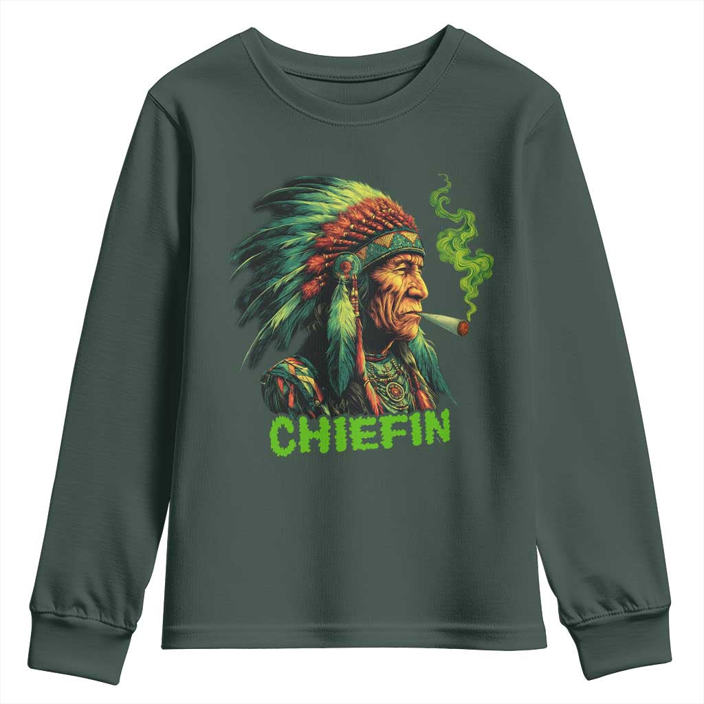 Funny Chiefin Weed Indian Native American Marijuana Youth Sweatshirt TS11 Dark Forest Green Print Your Wear