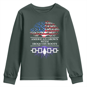American Grown With Iroquois Roots Youth Sweatshirt Tree USA Flag TS11 Dark Forest Green Print Your Wear
