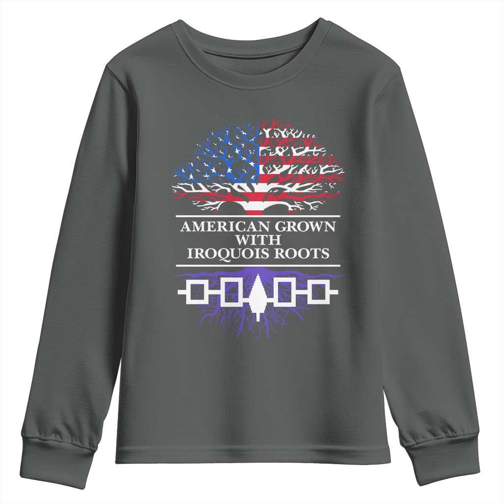 American Grown With Iroquois Roots Youth Sweatshirt Tree USA Flag TS11 Dark Heather Print Your Wear