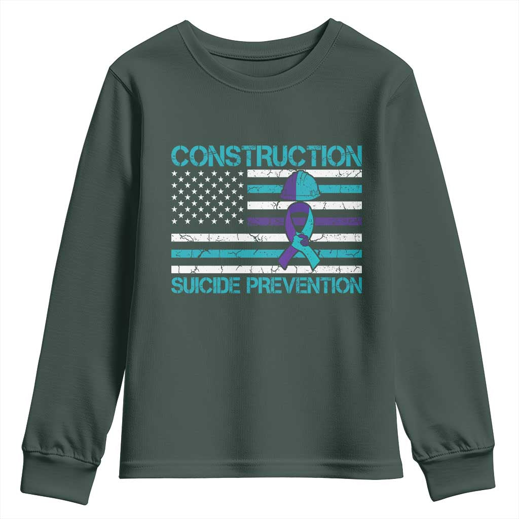 Construction Suicide Prevention Awareness Youth Sweatshirt Mental Health American Flag TS11 Dark Forest Green Print Your Wear