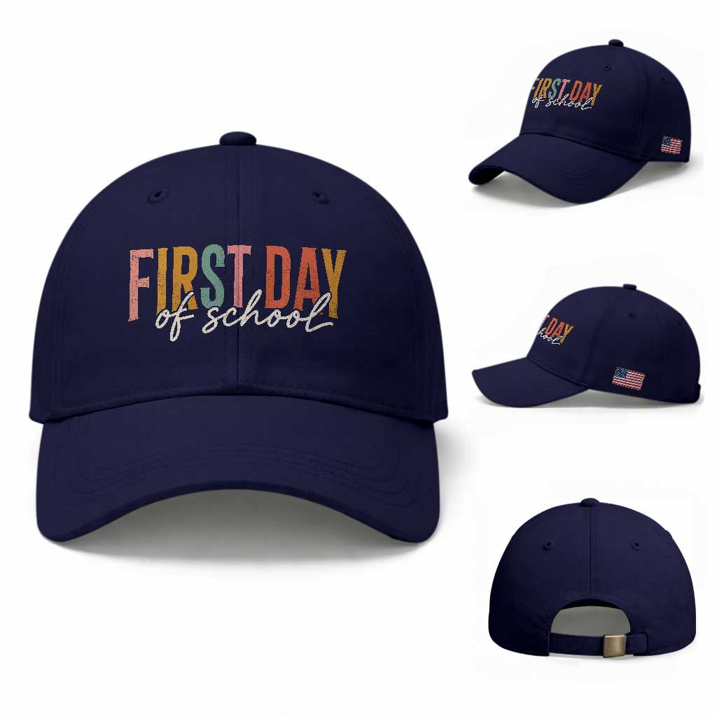 First Day of School Teacher Student Baseball Cap Funny Back to School Retro TS11 Baseball Cap Universal Fit Dark Blue Print Your Wear