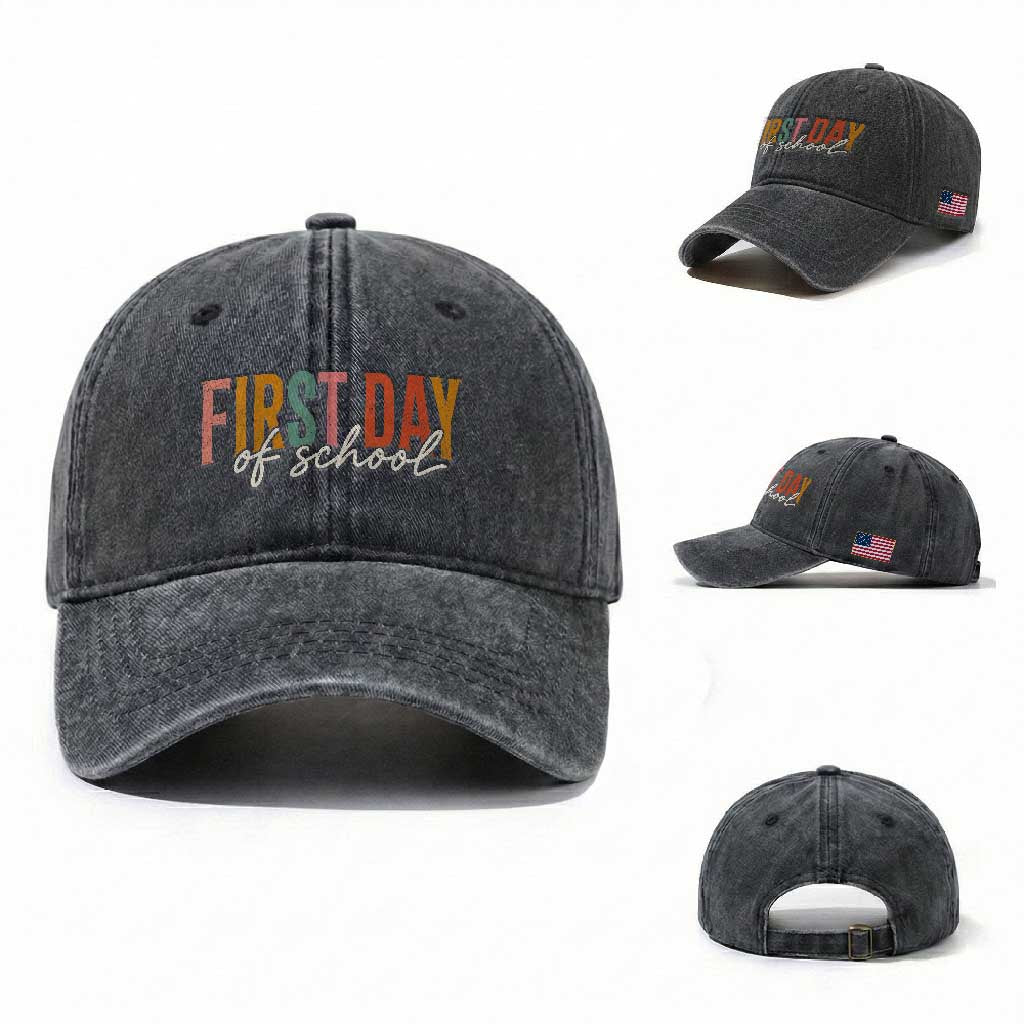 First Day of School Teacher Student Washed Cotton Baseball Cap Funny Back to School Retro TS11 Washed Cap Universal Fit Dark Gray Print Your Wear