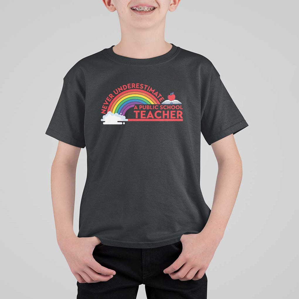 Tim Walz T Shirt For Kid Never Underestimate A Public School Teacher Rainbow Apple Book TS11 Black Print Your Wear