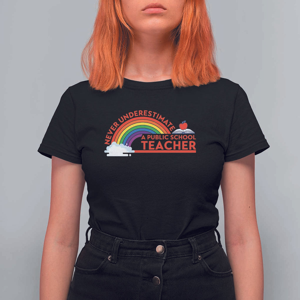 Tim Walz T Shirt For Women Never Underestimate A Public School Teacher Rainbow Apple Book TS11 Black Print Your Wear