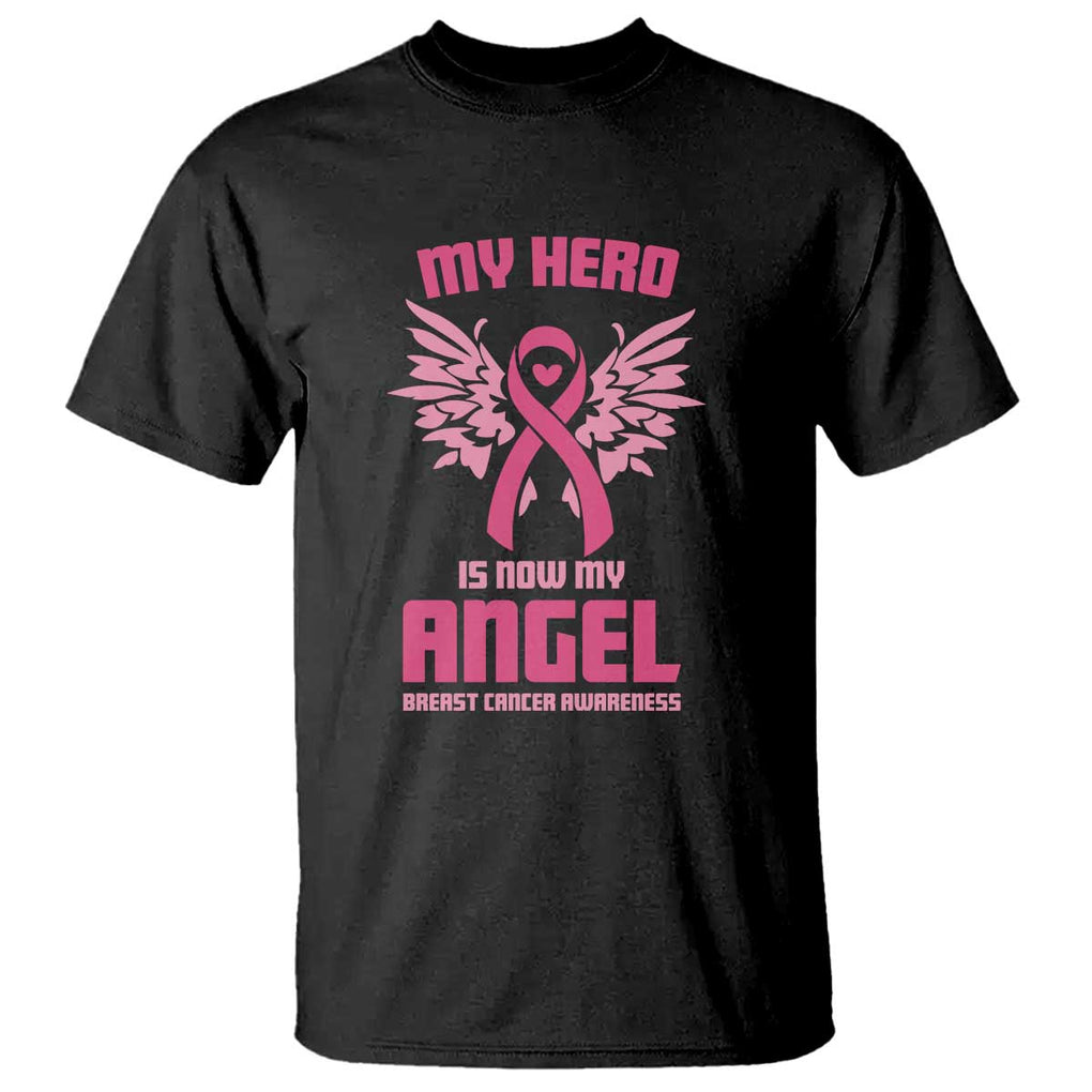 Breast Cancer Awareness T Shirt My Hero Is Now My Angel Pink Ribbon Wings Heart TS11 Black Print Your Wear