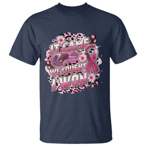 Breast Cancer Awareness T Shirt It Came We Fought I Won Boxing Gloves Pink Ribbon Flowers Leopard TS11 Navy Print Your Wear