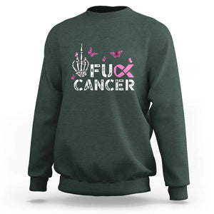 Breast Cancer Awareness Sweatshirt Fuck Cancer Pink Ribbon Skeleton Hand Butterfly TS11 Dark Forest Green Print Your Wear