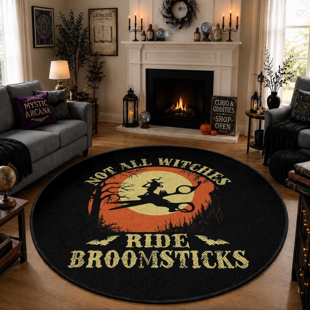 Funny Lesbian Witch Halloween Round Rug Not All Witches Ride Broomsticks