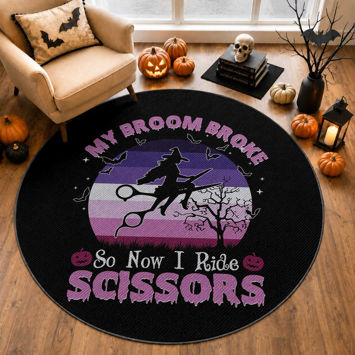 Funny Lesbian Witch Halloween Round Rug My Broom Broke So Now I Ride Scissors