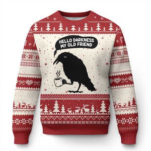 Hello Darkness My Old Friend Ugly Christmas Sweater Spooky Raven Crow Coffee