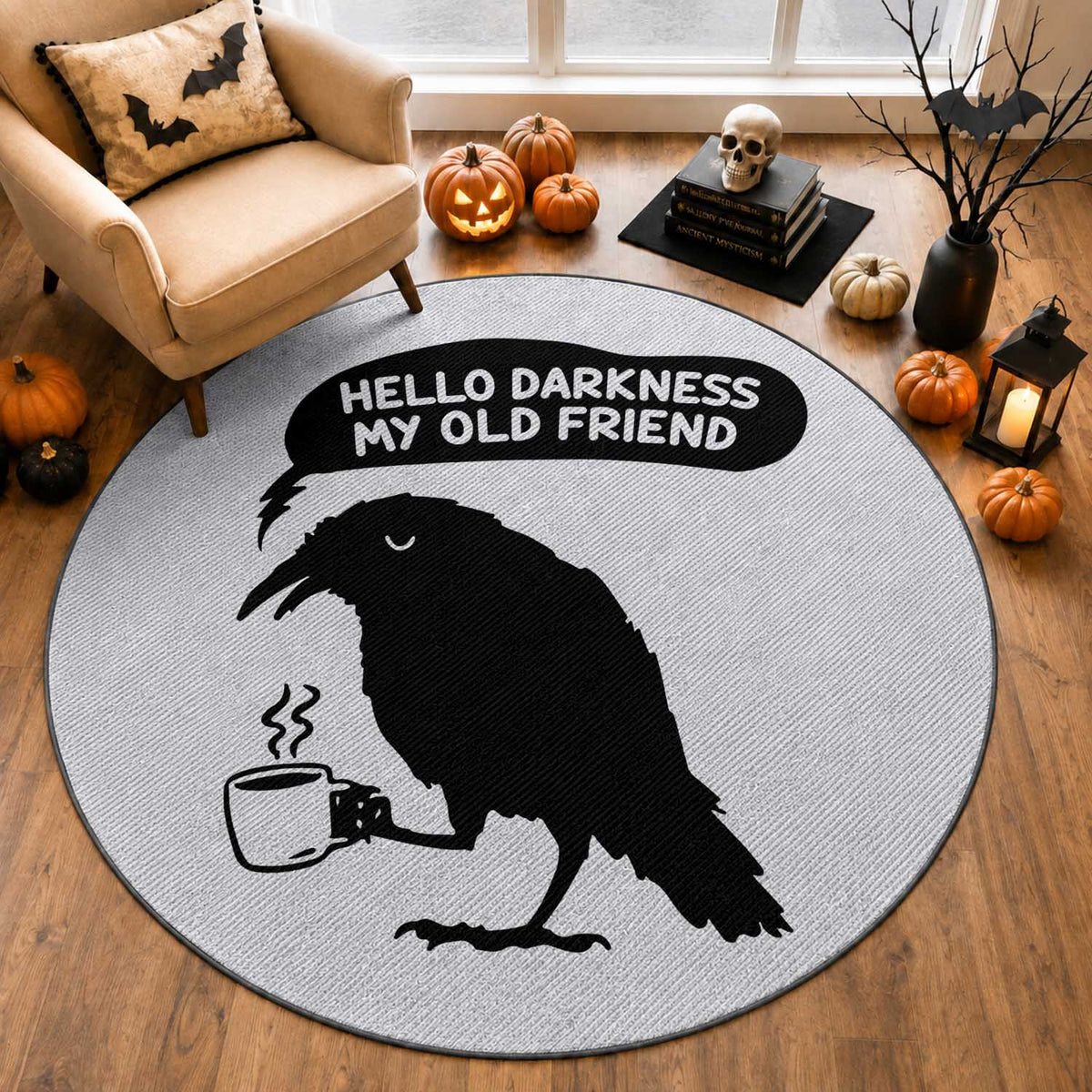 Hello Darkness My Old Friend Round Rug Spooky Raven Crow Coffee