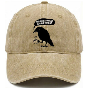 Hello Darkness My Old Friend Washed Cotton Baseball Cap Spooky Raven Crow Coffee
