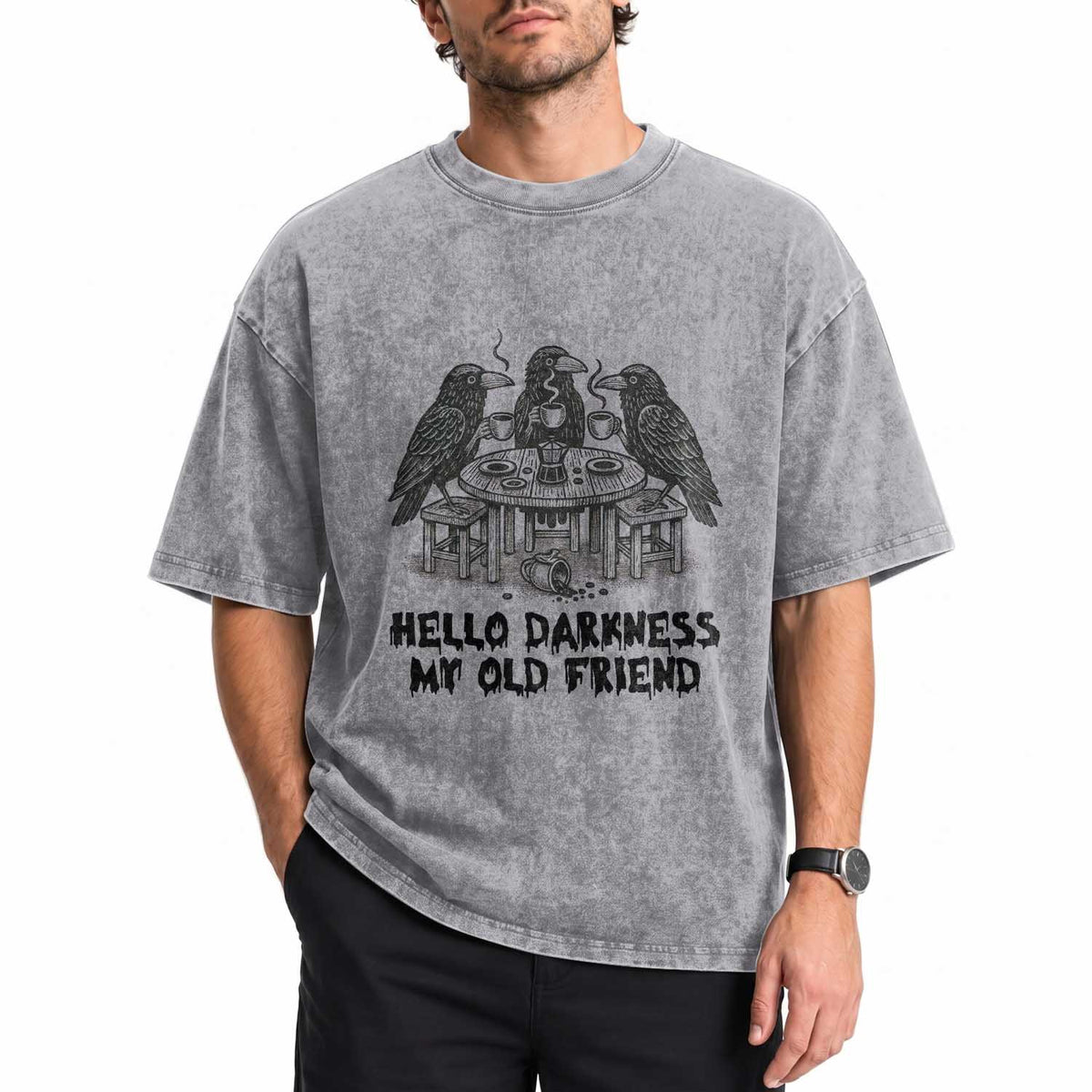 Funny Hello Darkness My Old Friend Washed Cotton T-Shirt Crow Coffee Spooky Halloween