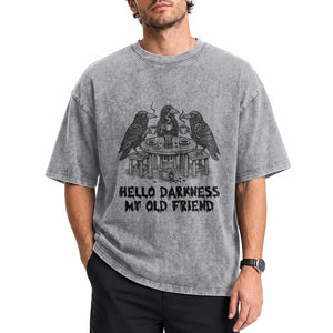 Funny Hello Darkness My Old Friend Washed Cotton T-Shirt Crow Coffee Spooky Halloween