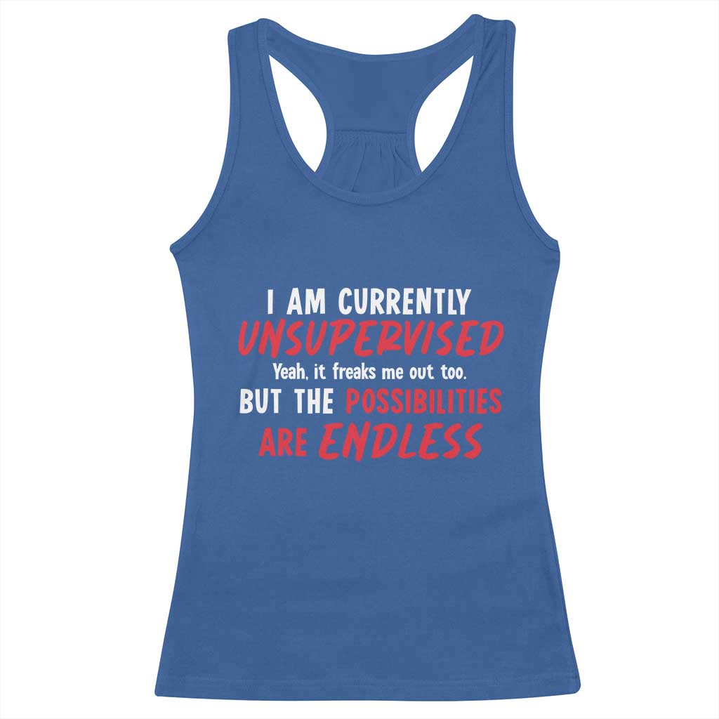 Funny I Am Currently Unsupervised But The Possibilities Are Endless Racerback Tank Top TS11 Royal Blue Print Your Wear