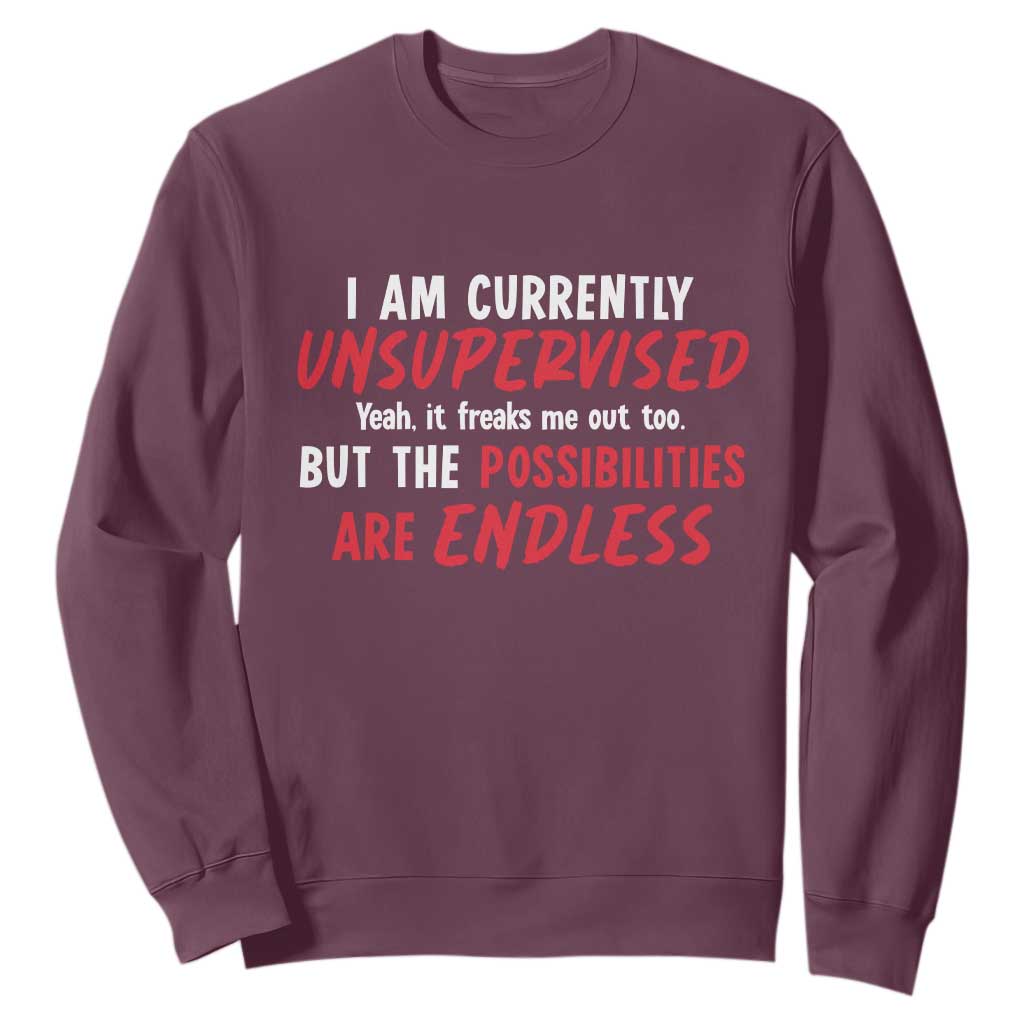 Funny I Am Currently Unsupervised But The Possibilities Are Endless Sweatshirt TS11 Maroon Print Your Wear
