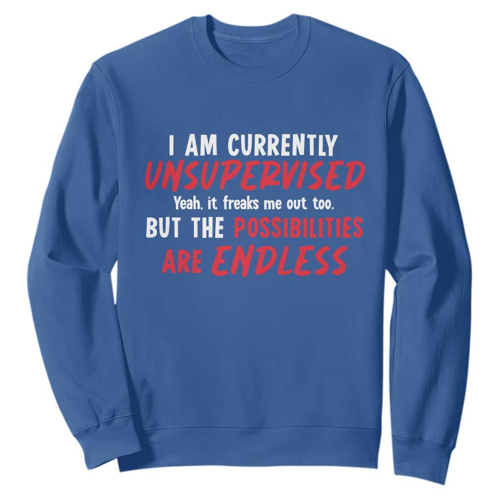 Funny I Am Currently Unsupervised But The Possibilities Are Endless Sweatshirt TS11 Royal Blue Print Your Wear