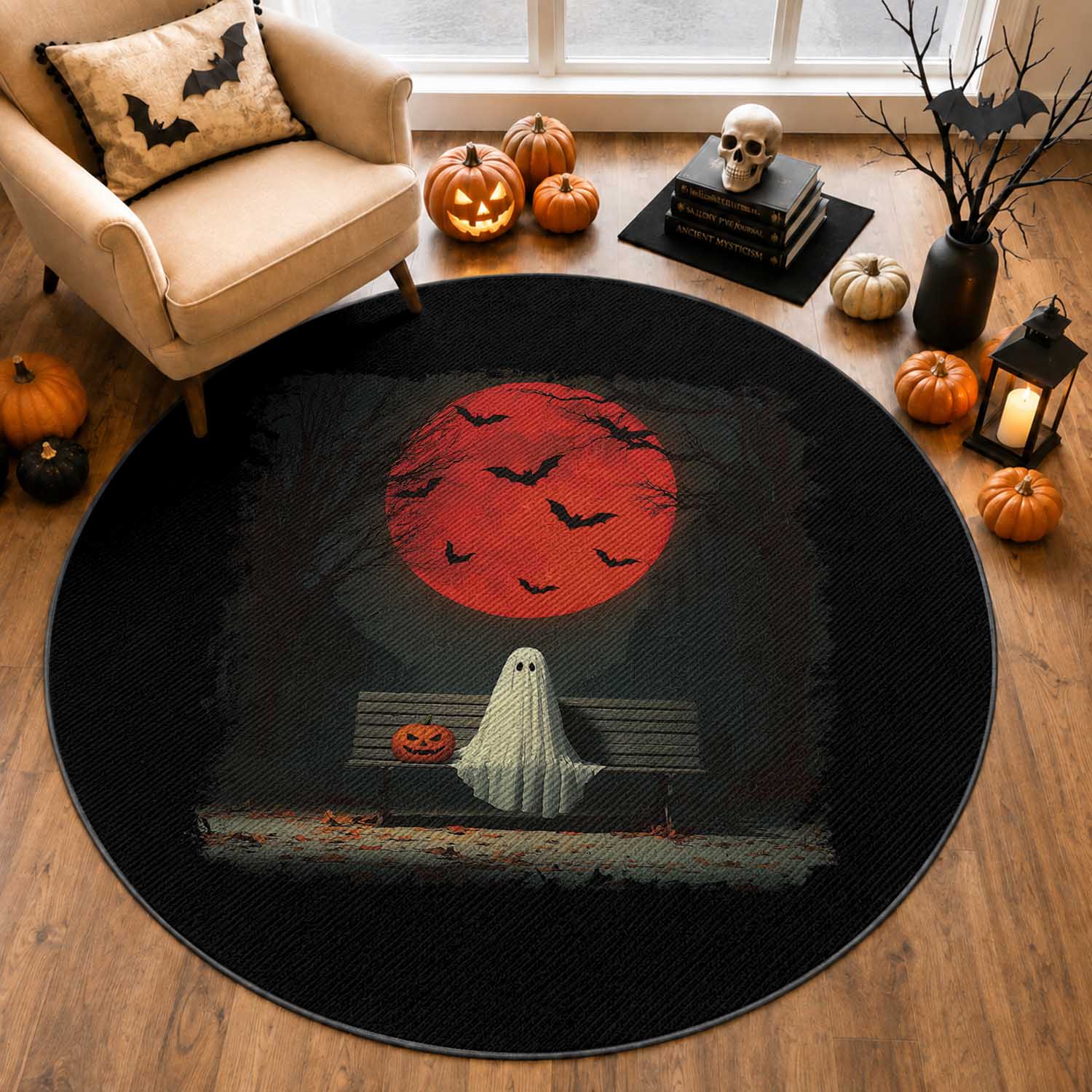 Halloween Lonely Ghost Bench Blood Moon Pumpkin Round Rug