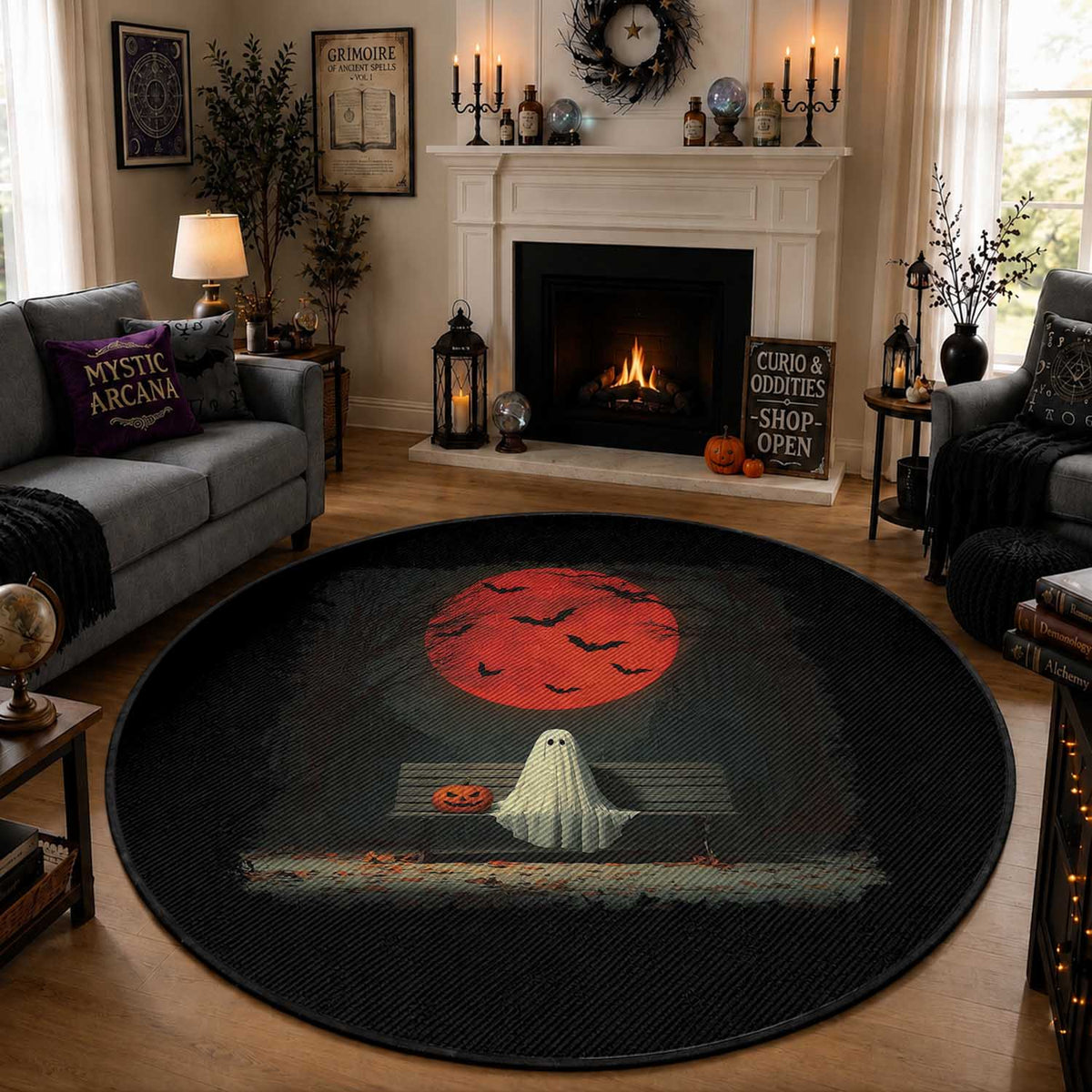 Halloween Lonely Ghost Bench Blood Moon Pumpkin Round Rug