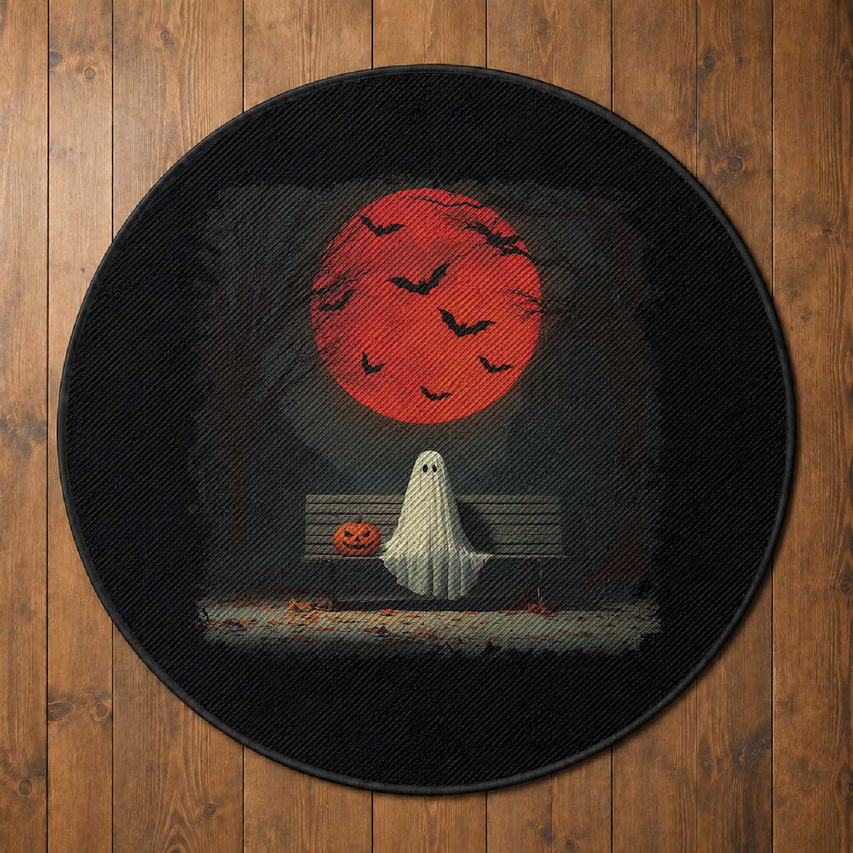 Halloween Lonely Ghost Bench Blood Moon Pumpkin Round Rug