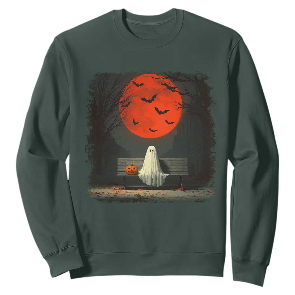 Halloween Lonely Ghost Bench Blood Moon Pumpkin Sweatshirt TS11 Dark Forest Green Print Your Wear