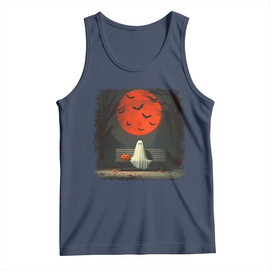 Halloween Lonely Ghost Bench Blood Moon Pumpkin Tank Top TS11 Navy Print Your Wear