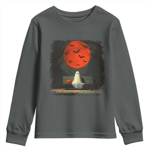 Halloween Lonely Ghost Bench Blood Moon Pumpkin Youth Sweatshirt TS11 Dark Heather Print Your Wear