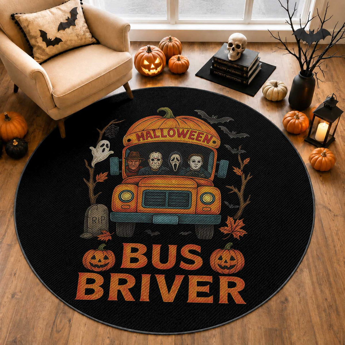 Funny Halloween Bus Driver Round Rug Horror Slashers Pumpkin School Bus Spooky Season