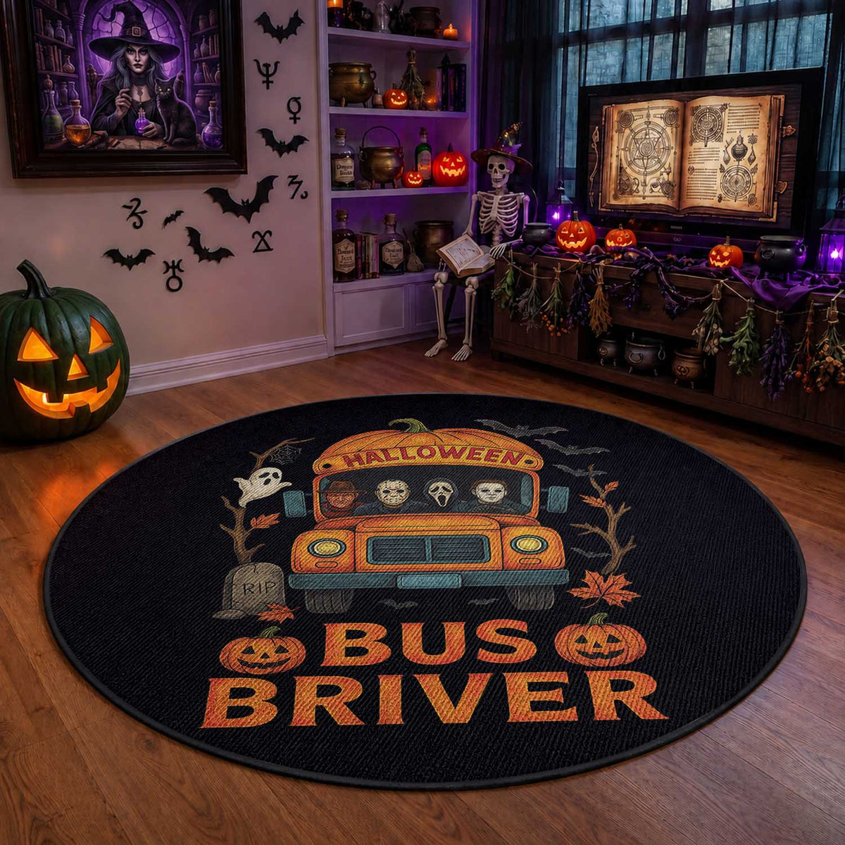Funny Halloween Bus Driver Round Rug Horror Slashers Pumpkin School Bus Spooky Season