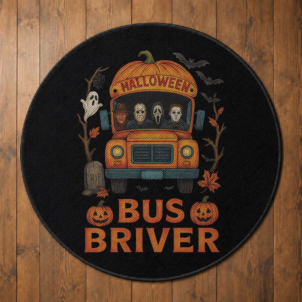 Funny Halloween Bus Driver Round Rug Horror Slashers Pumpkin School Bus Spooky Season