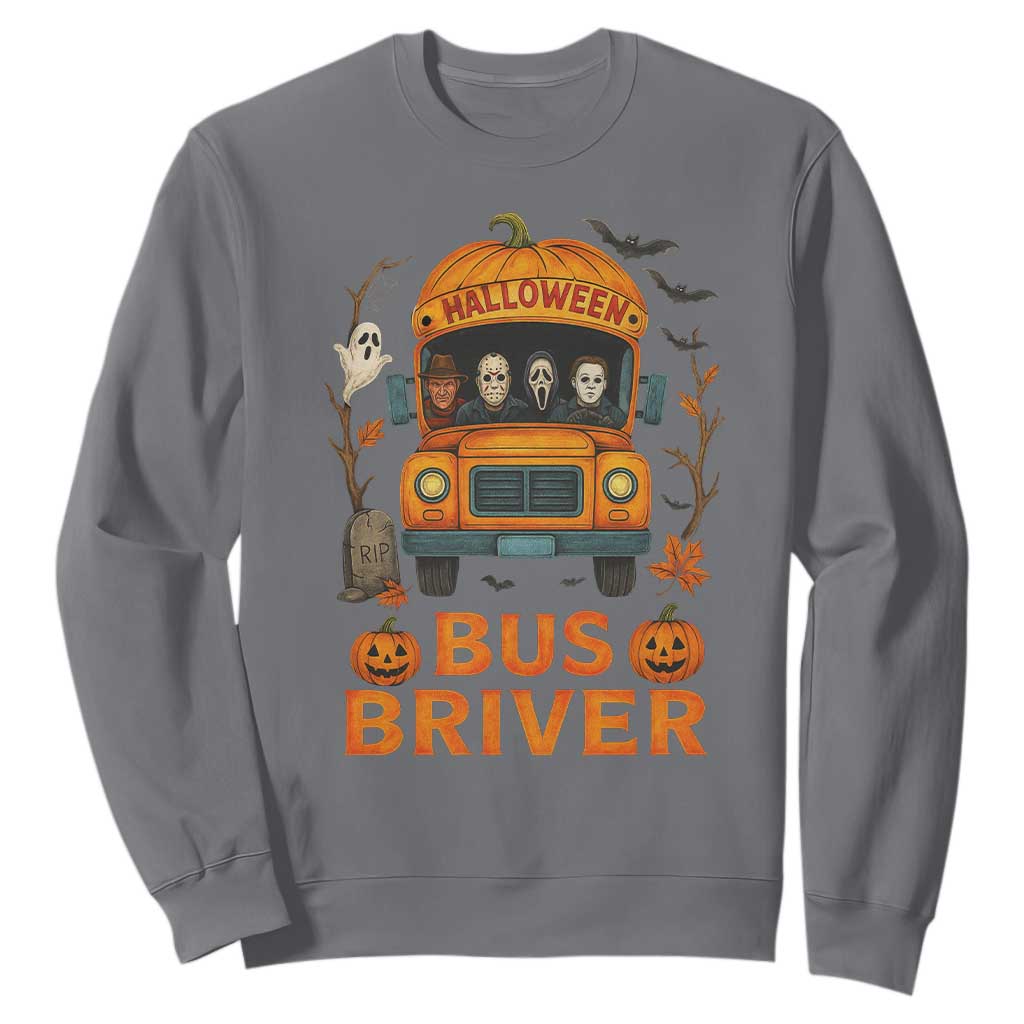 Funny Halloween Bus Driver Sweatshirt Horror Slashers Pumpkin School Bus Spooky Season TS11 Charcoal Print Your Wear