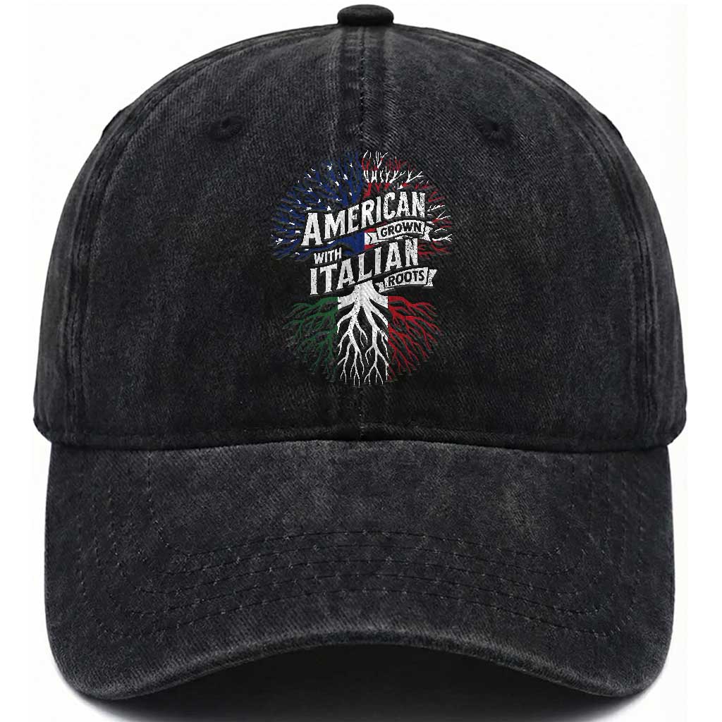 American Grown With Italian Roots Washed Cotton Baseball Cap Family Tree Italy Flag TS11 Print Your Wear